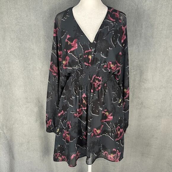 Allsaints Dress Womens Medium Black Floral Long Sleeve V Neck Whimsigoth Mini - Picture 2 of 16